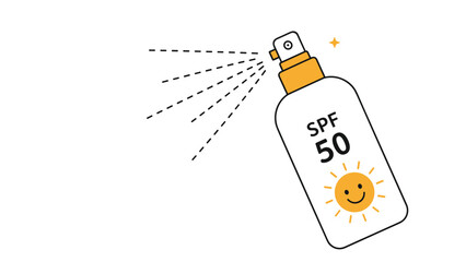 Minimalist illustration of a sunscreen spray bottle with SPF 50 and a cute sun icon, promoting sun safety and skin care.