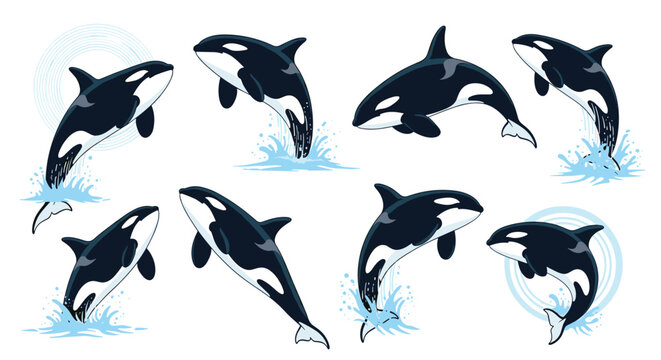 Dynamic set of killer whales in various action poses including jumping breaching and splashing in the water on white background.