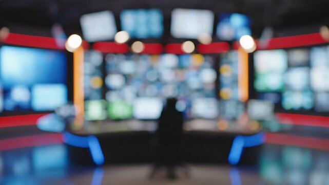 Blurry view of a brightly lit media control room with screens