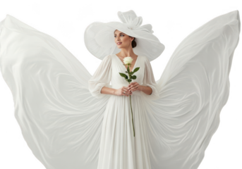 Elegant woman in white dress and hat isolated on transparent background holds rose