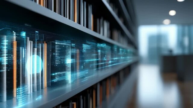 Contemporary library scene features illuminated digital data lines seamlessly integrating with traditional books, representing fusion knowledge, technology. Atmosphere is modern, dynamic