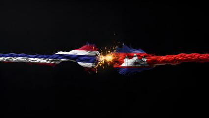 Two national flag ropes, Thailand and Cambodia, fraying and sparking at their meeting point, symbolizing conflict or tension.
