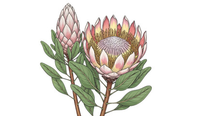 Elegant Protea Flower And Bud Botanical Illustration