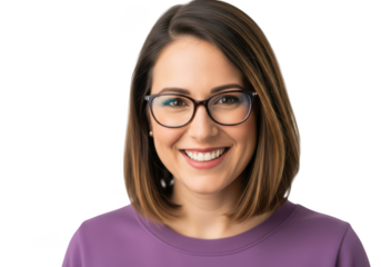 Smiling woman with glasses isolated on transparent background, looking forward