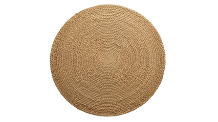 Top view of a round jute rug with natural fiber texture isolated on white background