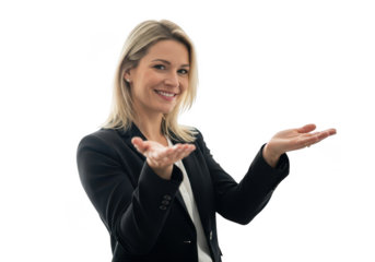 Smiling businesswoman presenting something isolated on transparent background in studio