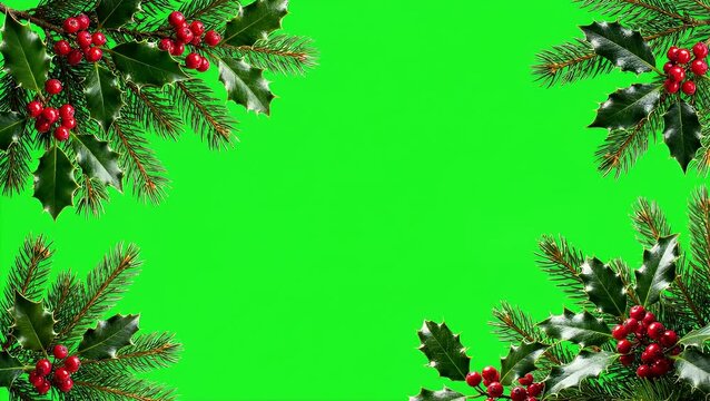 Festive christmas border with green holly leaves and red berries