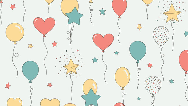 A festive seamless pattern with hand-drawn balloons in heart and star shapes, perfect for birthday and party celebrations.