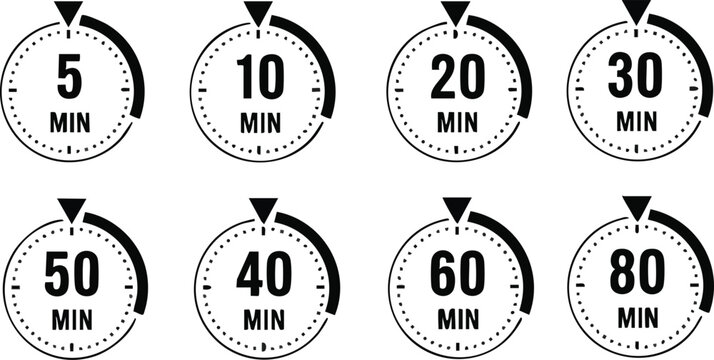 Diverse set of minimal timer icons showcasing different time intervals in minutes displayed on transparent background