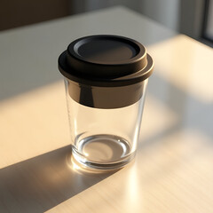 Modern Clear Glass Tumbler with Black Silicone Lid on Minimalist Wooden Surface