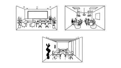 Fototapeta premium Modern office meeting rooms showcasing diverse workspace designs and setups for collaboration.