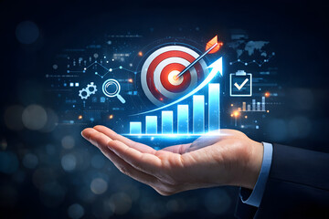 Hand holding digital projection of growing bar chart and target hit by arrow, symbolizing successful business strategy, goal achievement, and growth.