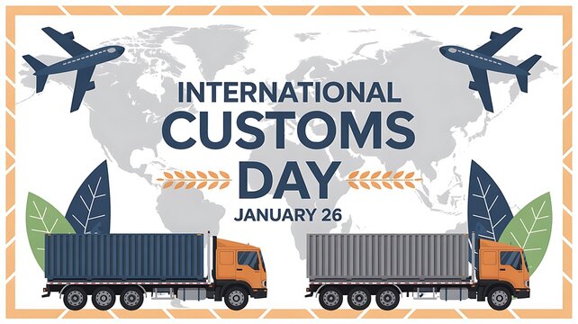 International customs day banner with cargo train trucks and airplane
