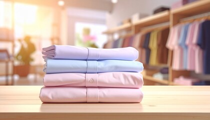 Neatly folded pastel shirts stack on a wooden table; clothing store ambiance