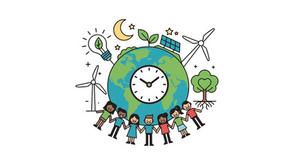 Obraz premium Diverse group of people holding hands around a clock face on a globe, surrounded by renewable energy symbols, representing global environmental awareness and sustainability.
