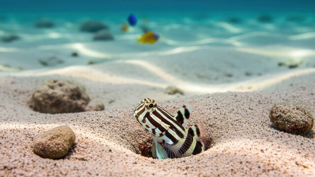Striking zebra goby emerges from its sandy burrow in a shallow tropical reef environment