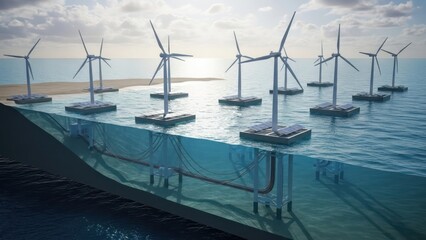 Futuristic offshore wind farm with underwater infrastructure for renewable energy transmission