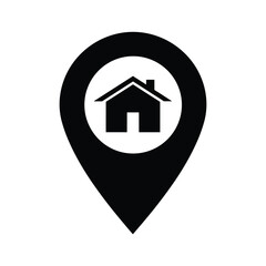 Black map pin with house icon on white background