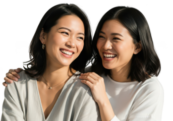Two happy young asian women smiling isolated on transparent background