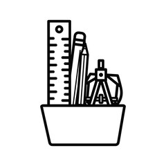 Stationery items in a container simple black line icon