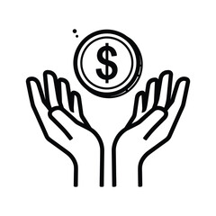 Hands holding dollar coin icon simple line art vector illustration