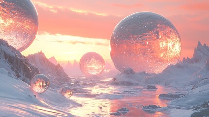 Dreamlike arctic landscape with celestial orbs reflecting an ethereal light