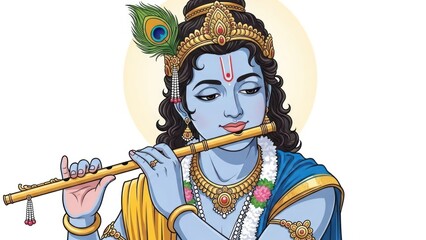 Obraz premium Vibrant depiction of Krishna playing the flute with majestic crown and peacock feather