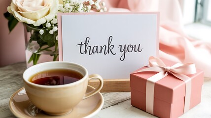 Thank you greeting card with gift box coffee cup and elegant flowers
