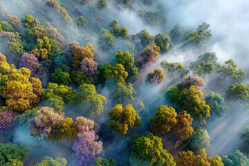 Colorful forest with mist and sunlight beams creating magical mood