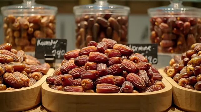 A close-up view of various types of dried dates, including Kumbo and Norma varieties, displayed in wooden bowls and clear containers at a market stall.