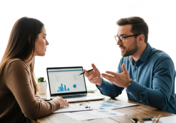 Two business people discussing a chart on a laptop isolated on transparent background