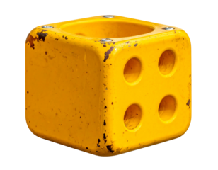A close-up of a weathered, yellow cube with four circular openings visible, appearing like a stylized die
