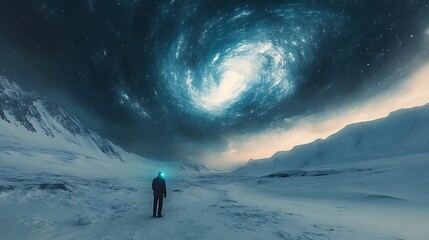 Contemplating cosmic phenomena: an individual stands against galactic marvel