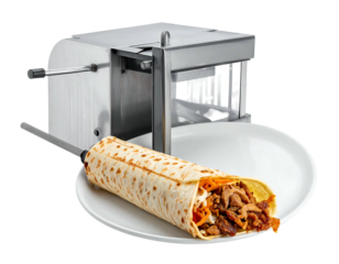 A close-up, high-angle image of a fully-loaded wrap sits on a white plate, next to a stainless steel food slicer