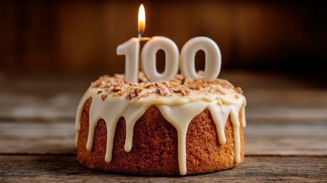 A close-up shot of a small, round frosted cake with a lit candle shaped like the number 100 on top. The background is a blurred wood surface