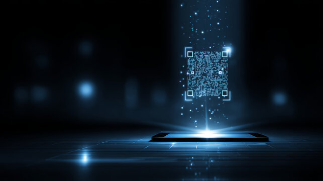 Holographic QR code projection above digital device in dark futuristic technology concept with glowing blue light particles