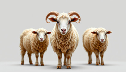 Obraz premium Sheep with curly wool and curved horns standing on plain background, showing calm and gentle expression in natural pose