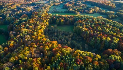 Aerial view of vibrant autumn forest with colorful trees and green clearings.