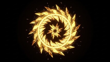 Golden geometric swirl, a radiant circular design on a dark backdrop with fractal elements