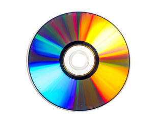 A close-up, high-angle view of a circular disc, displaying an array of rainbow hues. The background is solid black, emphasizing the colorful surface
