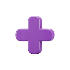 Fototapeta premium Glossy purple plus sign symbol for addition and positive concepts on a transparent background