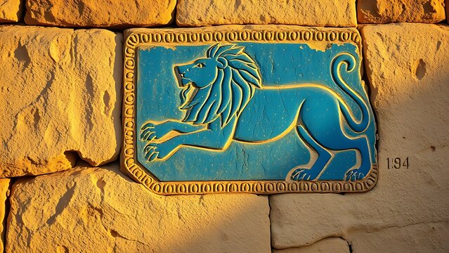 babylonian. Ancient Babylonian wall fragment with a blue glazed brick lion relief. event programs, museum guides, designed for cultural heritage projects and event programs, preserves heritage.