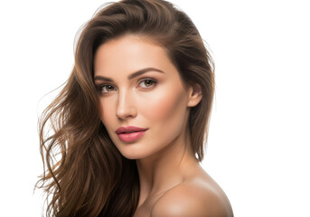 Fototapeta premium Attractive woman with long brown hair posing isolated on transparent background