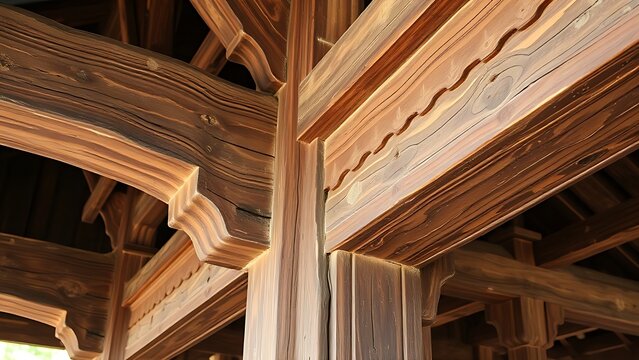 mortise. Ancient temple wooden framework detail showing mortise joints and weathered wood in natural light. real-estate listings.