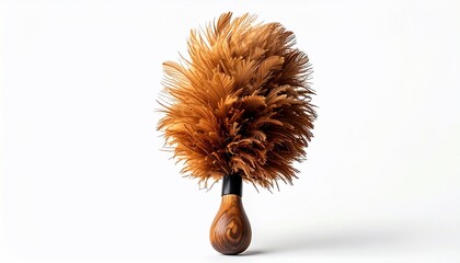 A brown feather duster with a wooden handle is centered against a white background