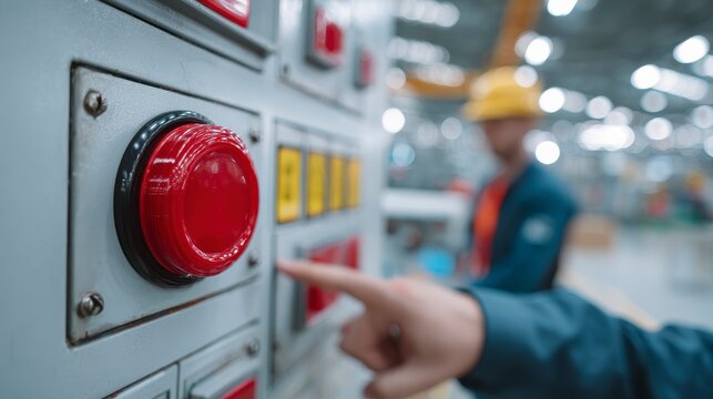 A close-up shows a hand pressing a large, red button on an industrial control panel. A worker in a helmet is in the background