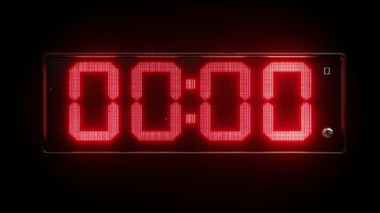 A close-up view of a digital clock displaying 0000, illuminated in red against a deep black background. The display is clear and modern