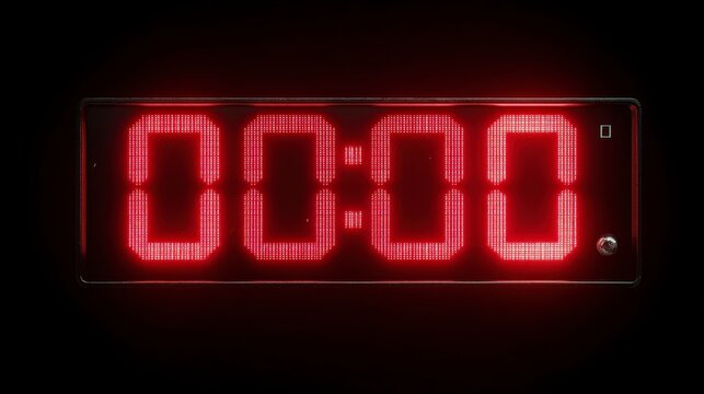 A close-up view of a digital clock displaying 0000, illuminated in red against a deep black background. The display is clear and modern - Powered by Adobe