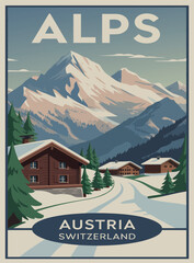 Alps Travel Retro Poster, Vintage Banner, Mountain Village of Austria and Switzerland