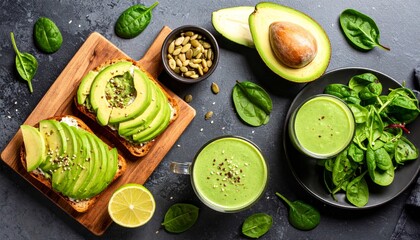Avocado Toast and Green Smoothie: A Vibrant, Healthy Breakfast on Dark Stone